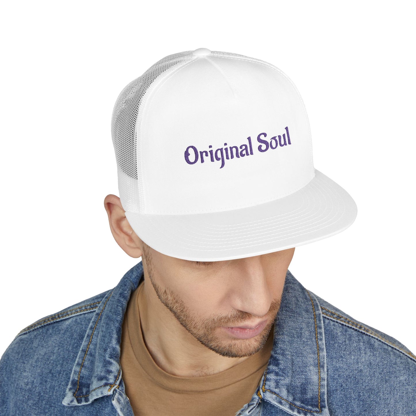 Original Soul Trucker Cap — Embroidered Purple Script Mesh Snapback