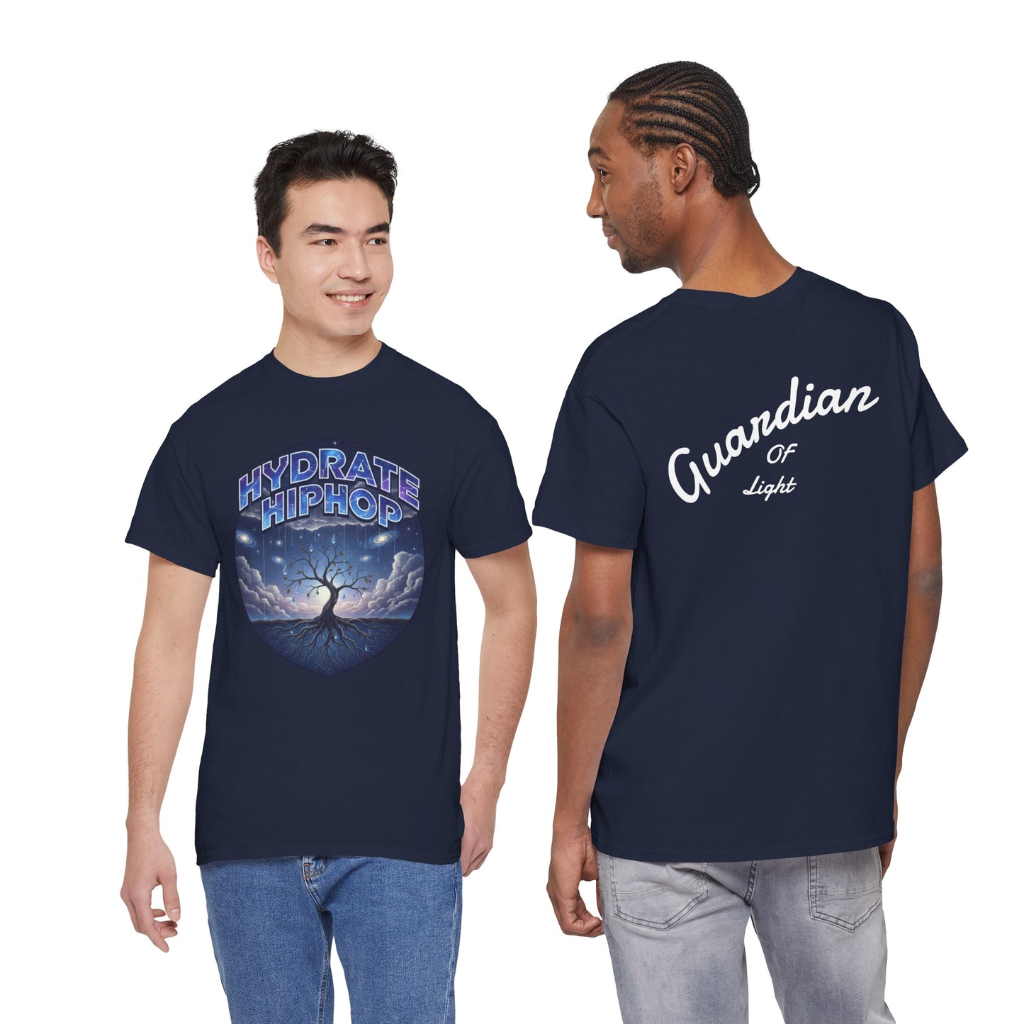 Hydrate Hip Hop Tee — 'Hydrate HipHop' Night Sky Graphic T-Shirt (Guardian of Light on Back)