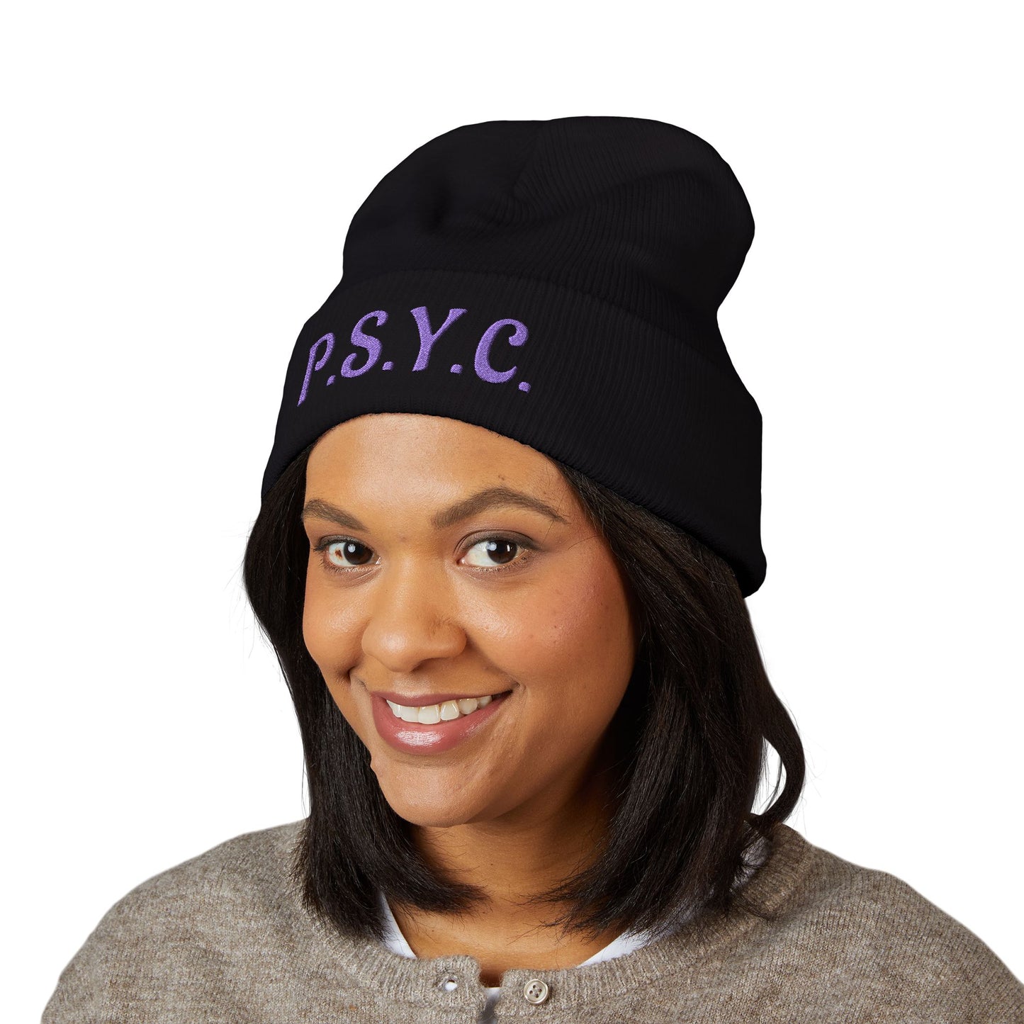 P.S.Y.C. Embroidered Cuffed Beanie — Purple Lettering Winter Hat