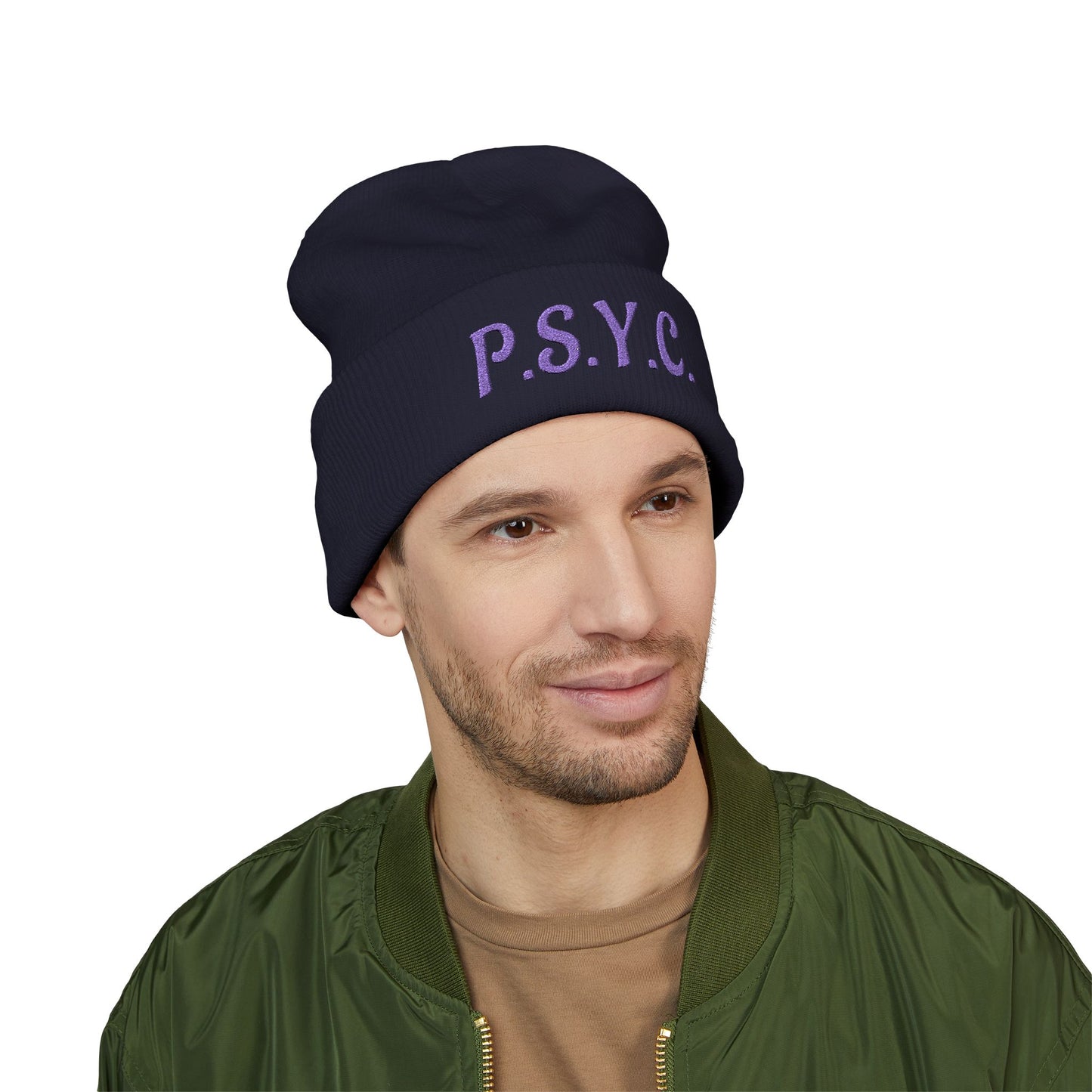 P.S.Y.C. Embroidered Cuffed Beanie — Purple Lettering Winter Hat
