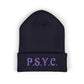 P.S.Y.C. Embroidered Cuffed Beanie — Purple Lettering Winter Hat