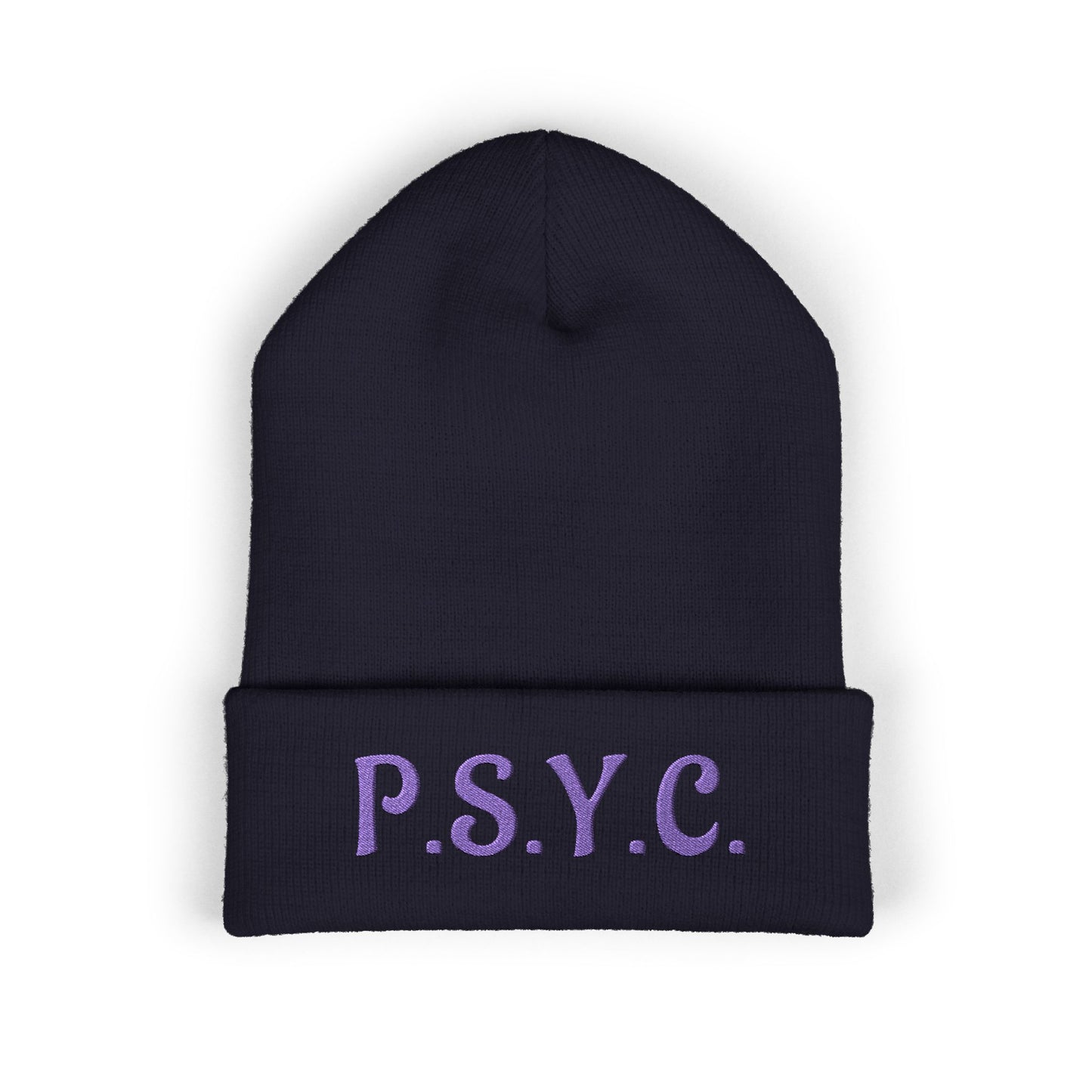 P.S.Y.C. Embroidered Cuffed Beanie — Purple Lettering Winter Hat