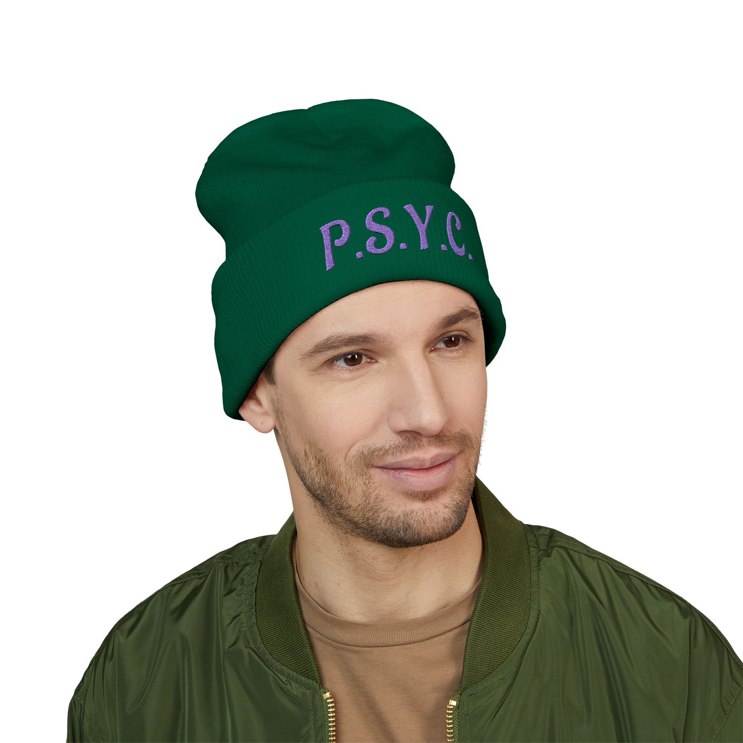 P.S.Y.C. Embroidered Cuffed Beanie — Purple Lettering Winter Hat