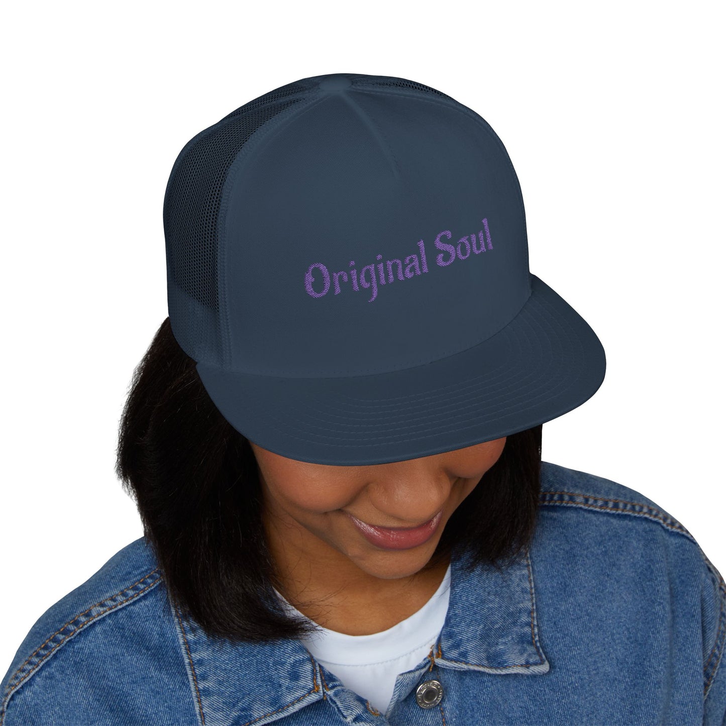 Original Soul Trucker Cap — Embroidered Purple Script Mesh Snapback