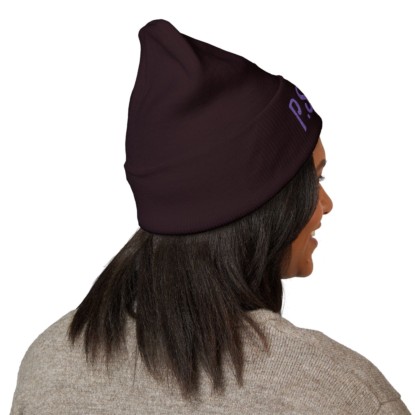P.S.Y.C. Embroidered Cuffed Beanie — Purple Lettering Winter Hat