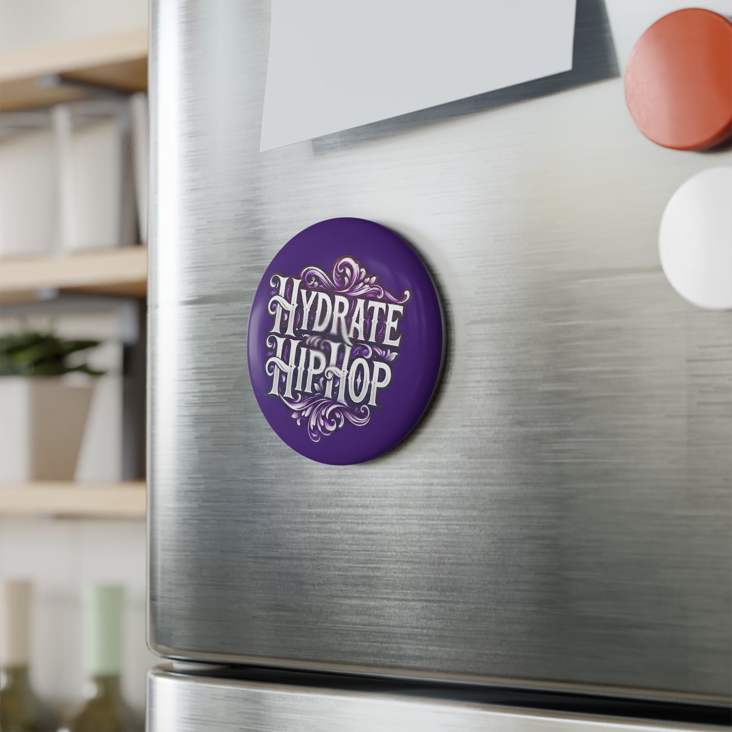 Hydrate Hip Hop Button Magnet — Round Decorative Fridge Magnet (Purple)