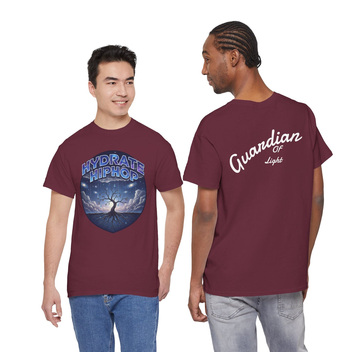 Hydrate Hip Hop Tee — 'Hydrate HipHop' Night Sky Graphic T-Shirt (Guardian of Light on Back)