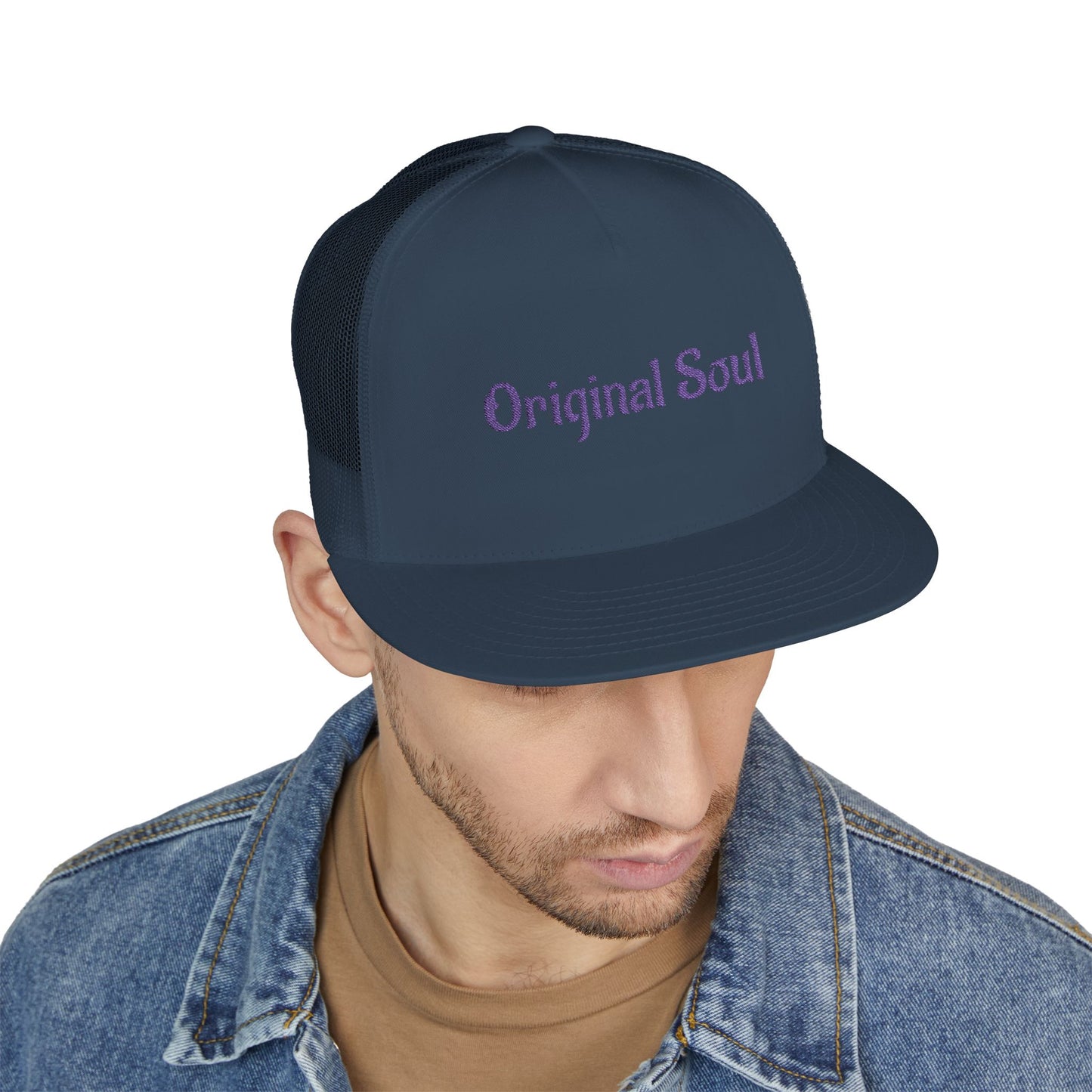 Original Soul Trucker Cap — Embroidered Purple Script Mesh Snapback