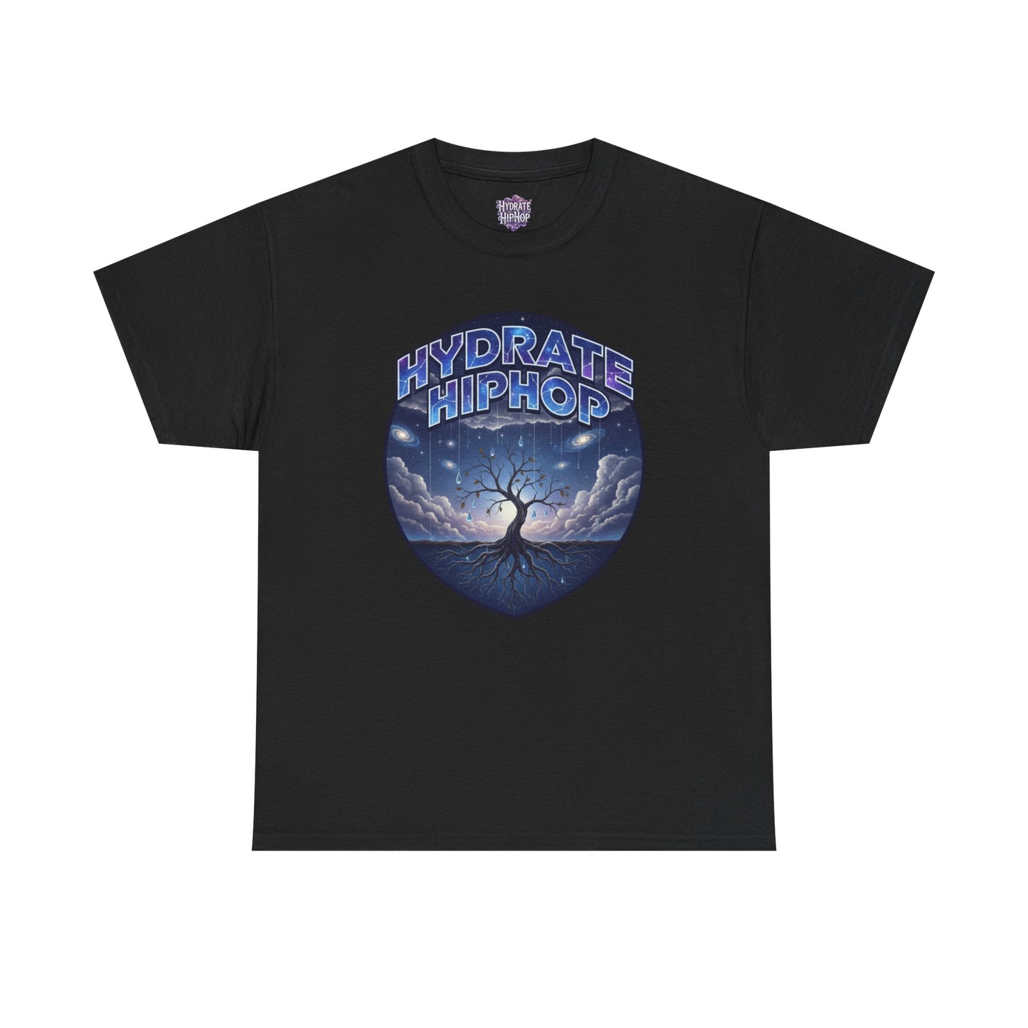 Hydrate Hip Hop Tee — 'Hydrate HipHop' Night Sky Graphic T-Shirt (Guardian of Light on Back)