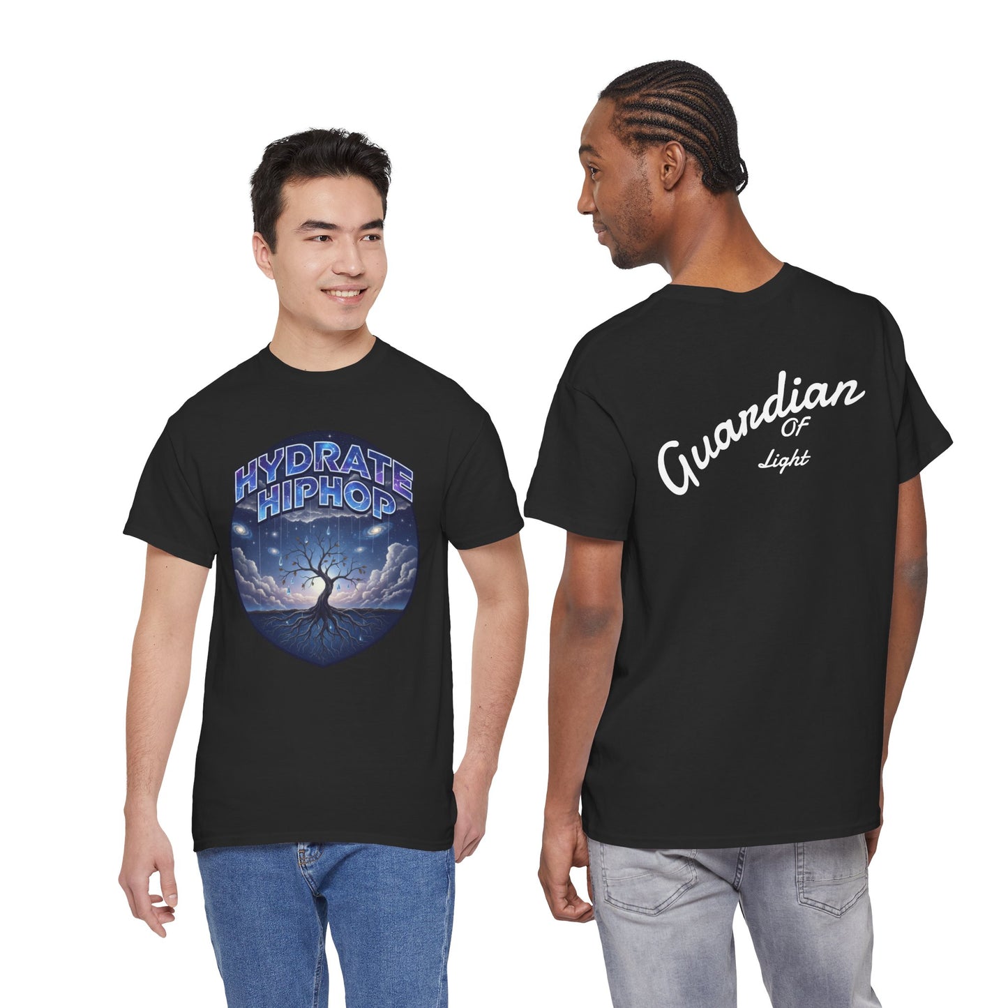 Hydrate Hip Hop Tee — 'Hydrate HipHop' Night Sky Graphic T-Shirt (Guardian of Light on Back)
