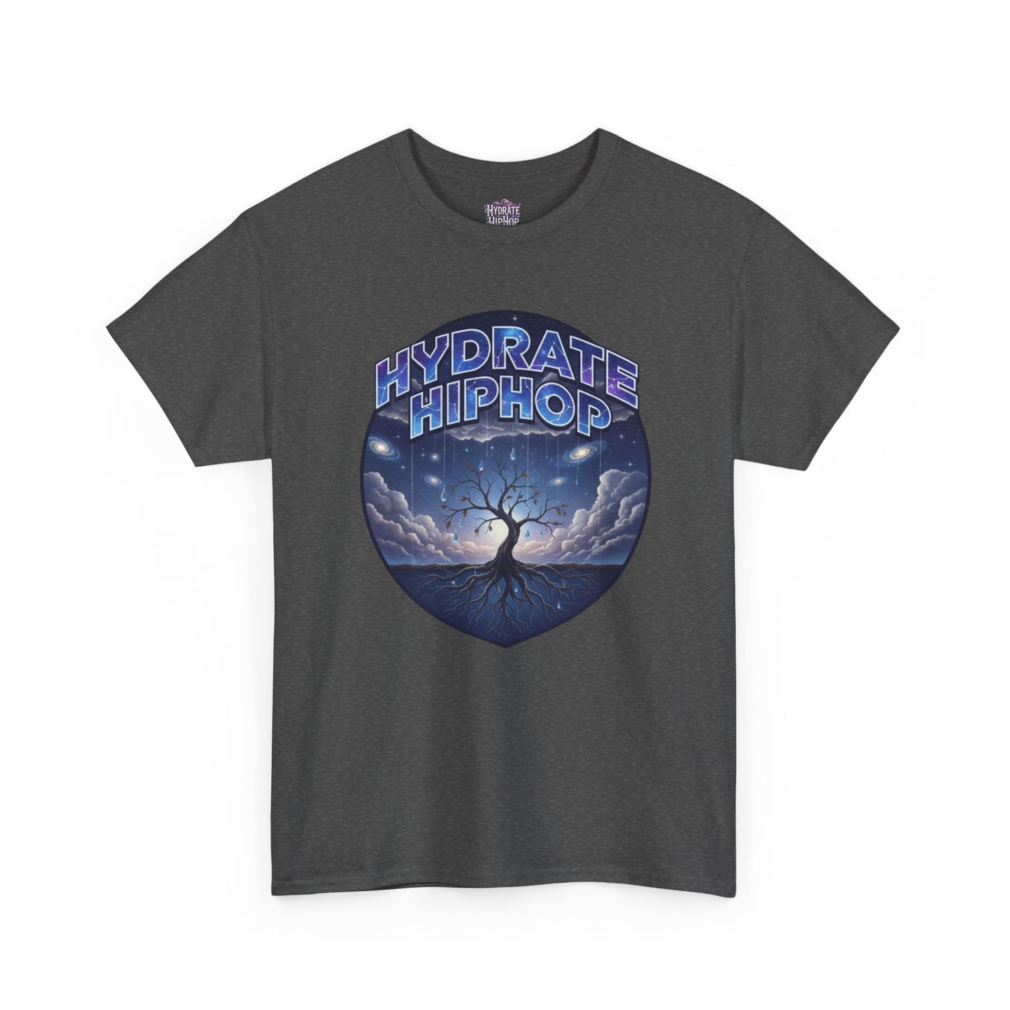 Hydrate Hip Hop Tee — 'Hydrate HipHop' Night Sky Graphic T-Shirt (Guardian of Light on Back)