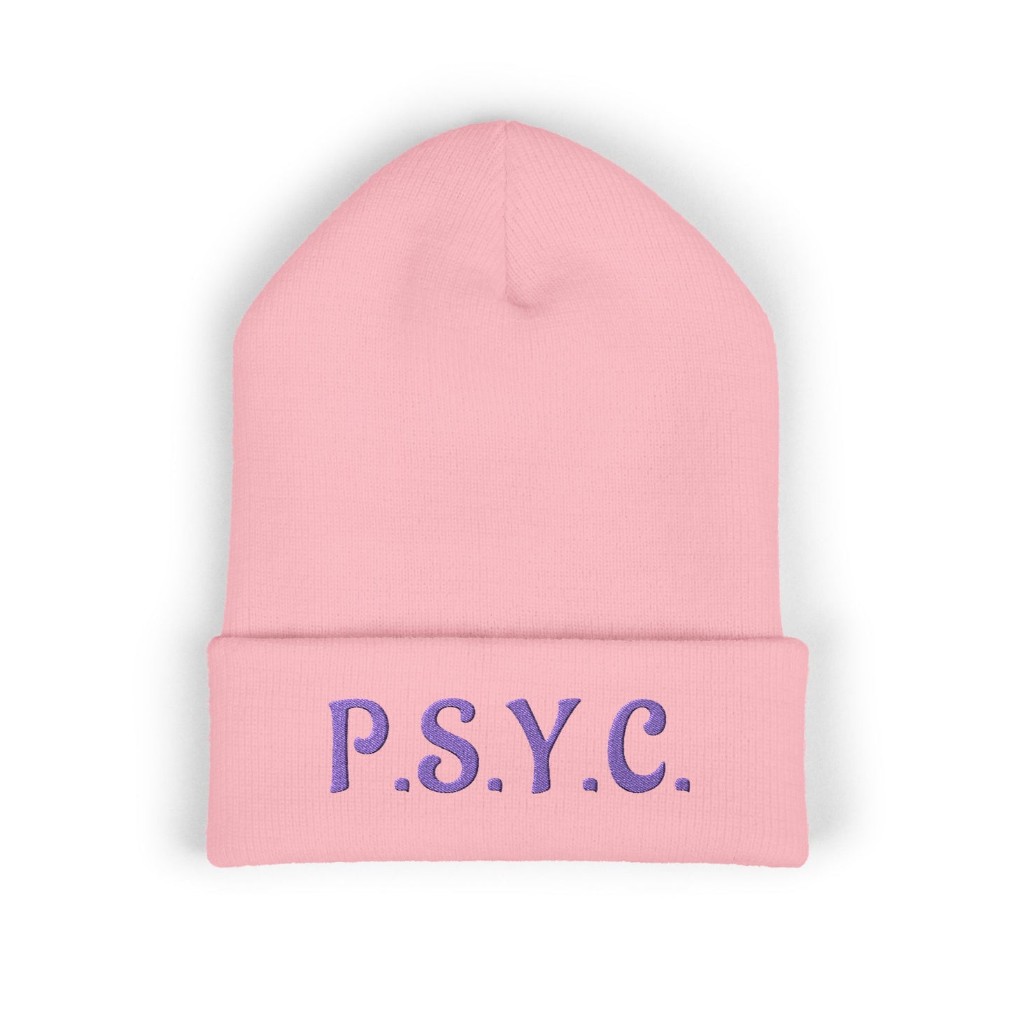P.S.Y.C. Embroidered Cuffed Beanie — Purple Lettering Winter Hat