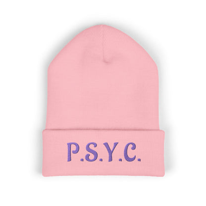 P.S.Y.C. Embroidered Cuffed Beanie — Purple Lettering Winter Hat