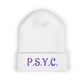 P.S.Y.C. Embroidered Cuffed Beanie — Purple Lettering Winter Hat