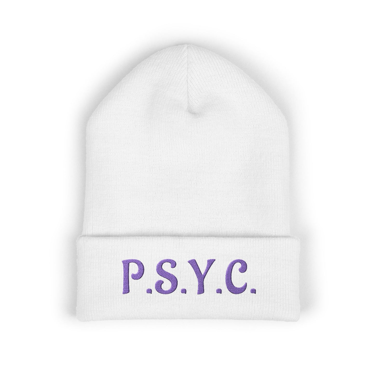 P.S.Y.C. Embroidered Cuffed Beanie — Purple Lettering Winter Hat