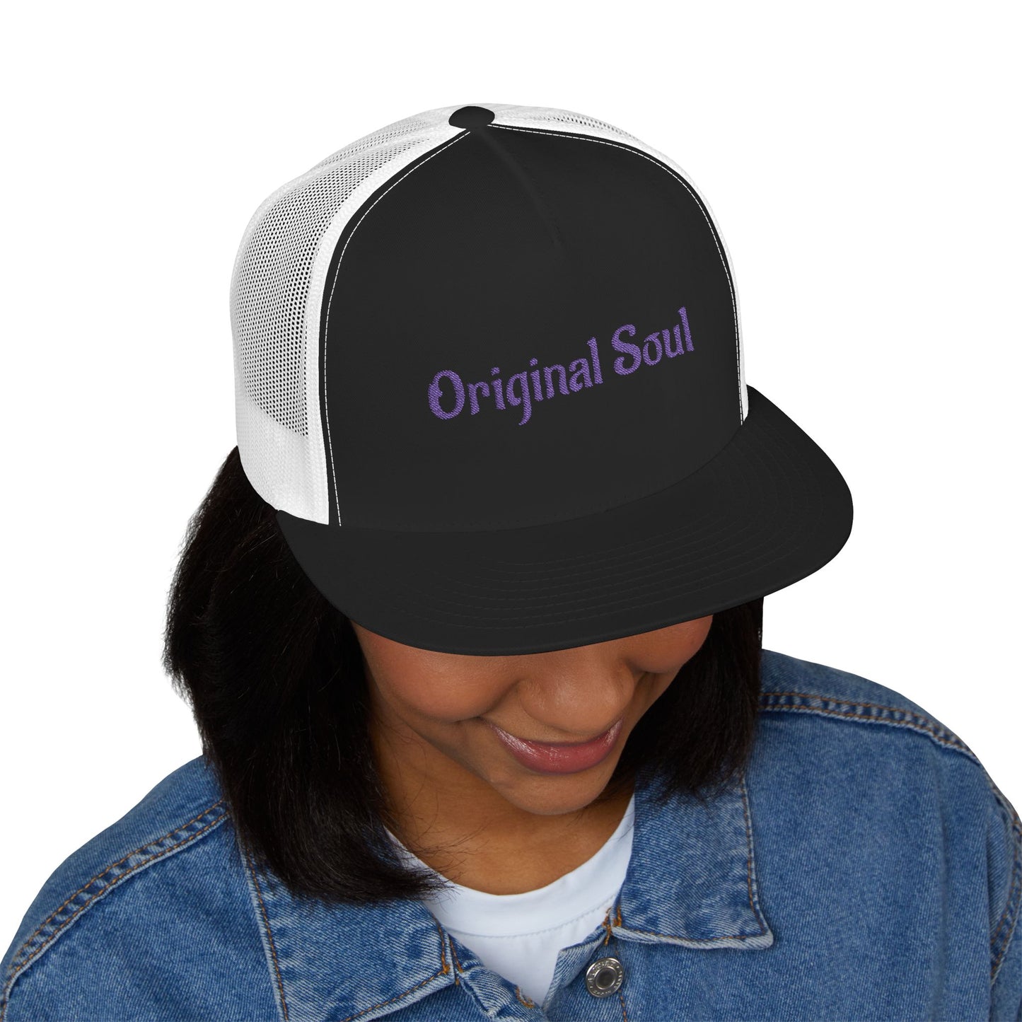 Original Soul Trucker Cap — Embroidered Purple Script Mesh Snapback