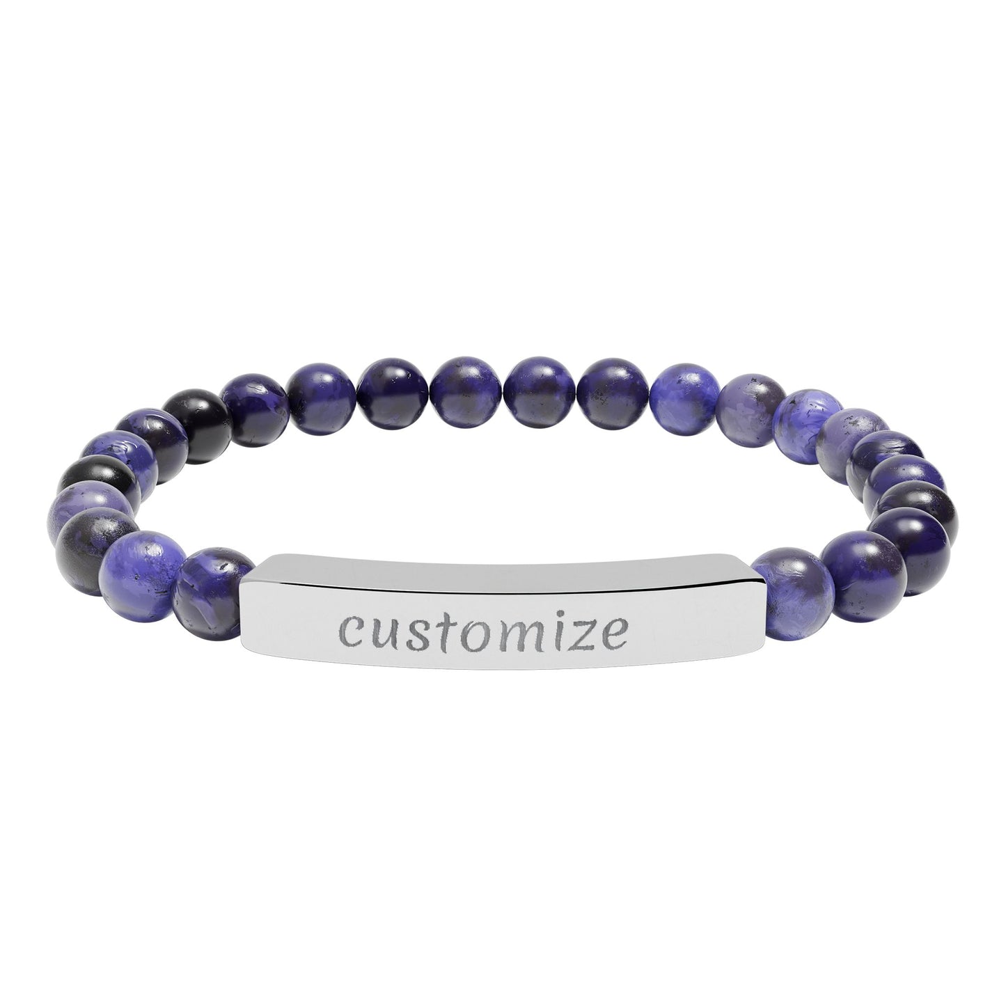 Custom Engraved Natural Stone Bar Bracelet — Personalized Stretch Beaded Bracelet