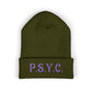 P.S.Y.C. Embroidered Cuffed Beanie — Purple Lettering Winter Hat