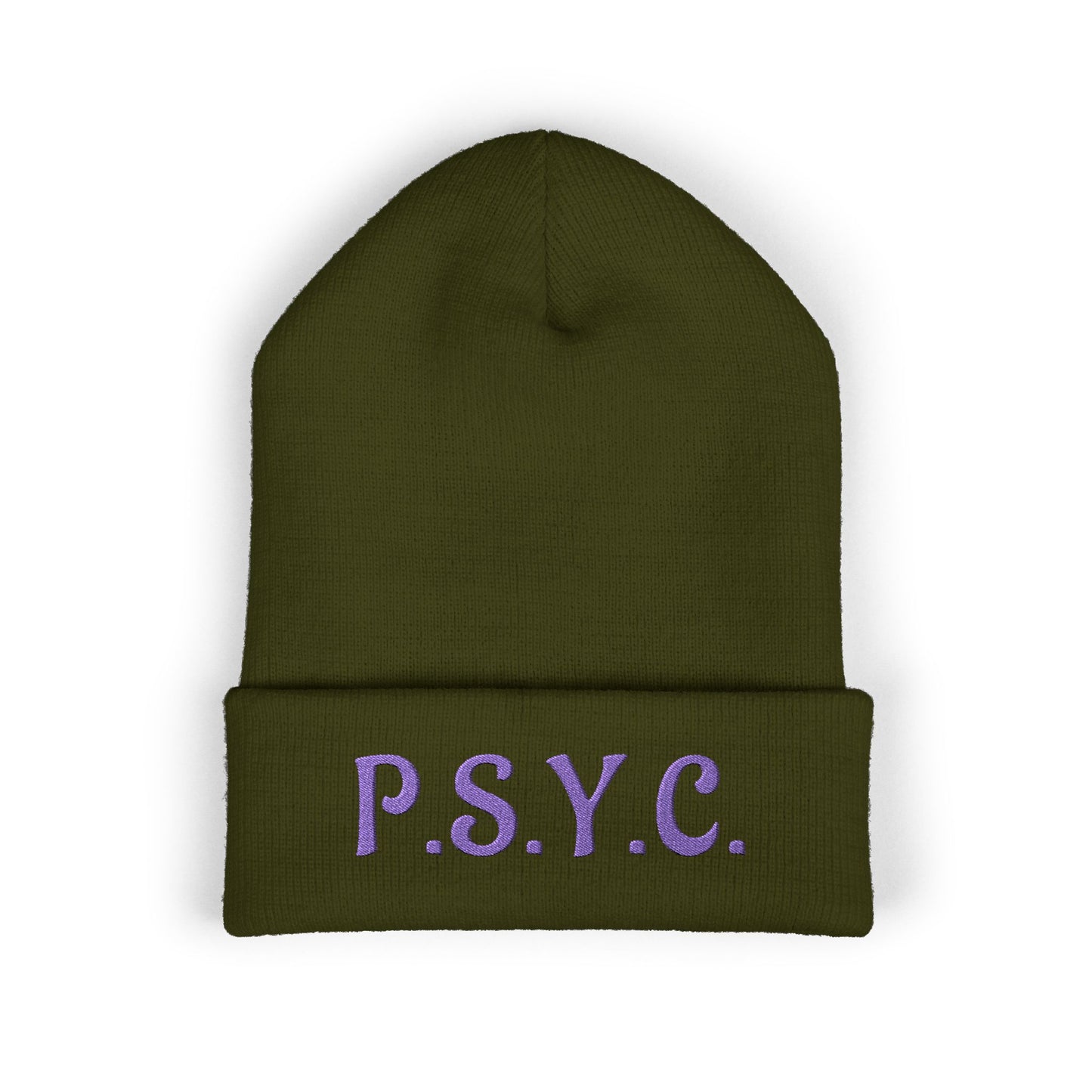 P.S.Y.C. Embroidered Cuffed Beanie — Purple Lettering Winter Hat