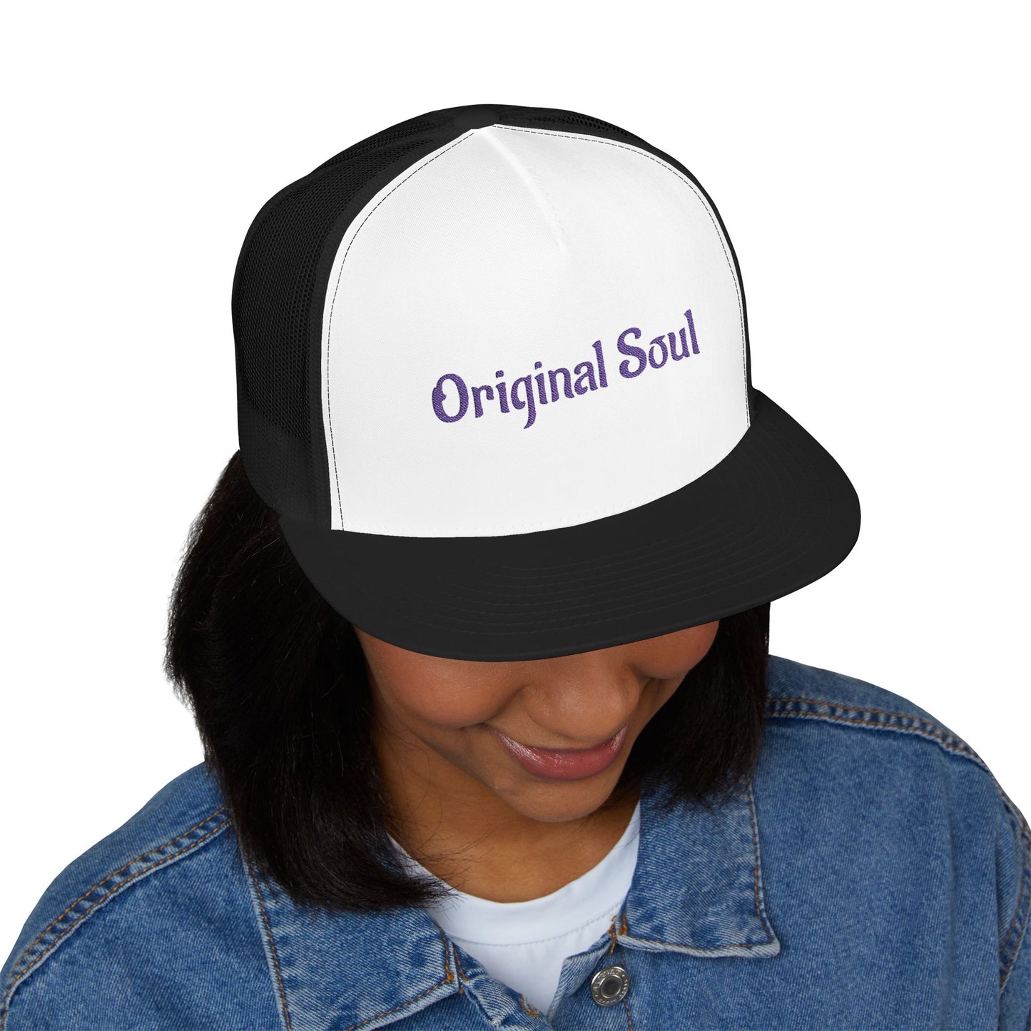 Original Soul Trucker Cap — Embroidered Purple Script Mesh Snapback